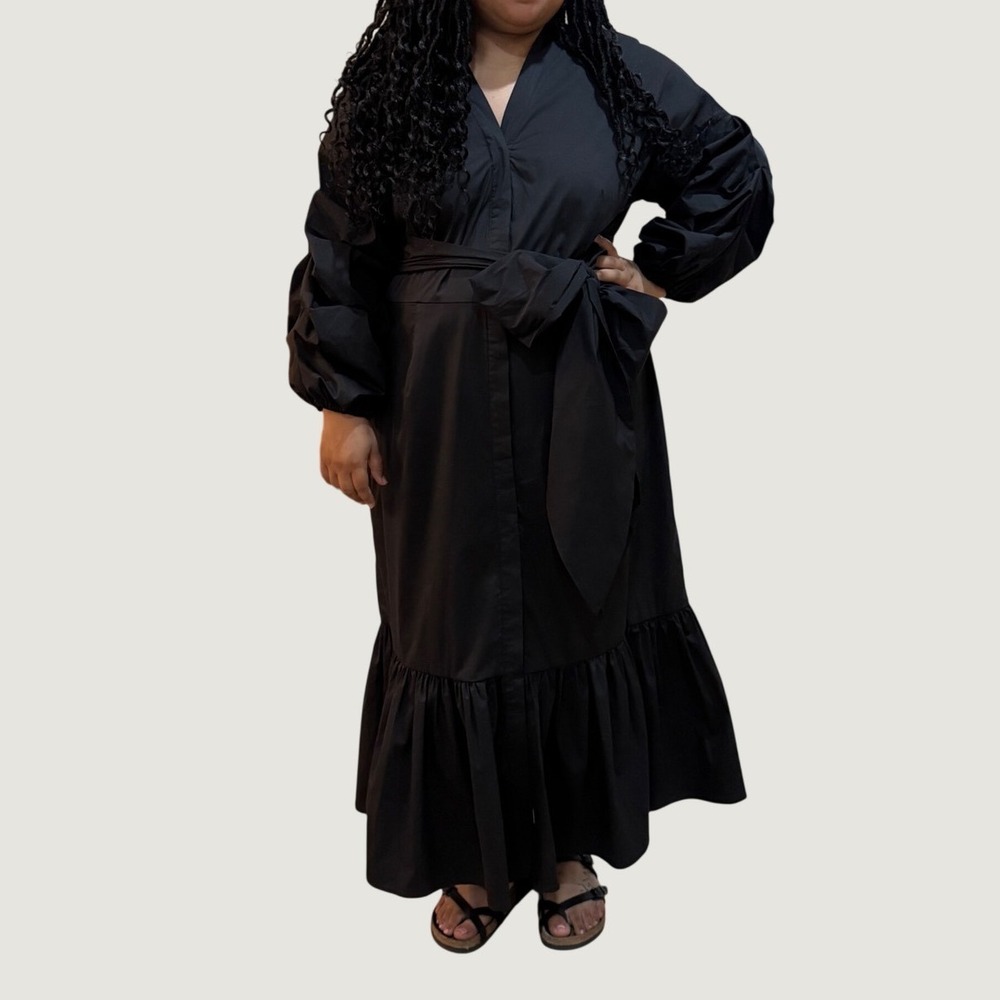 Ashro Dress 18W Black Belted Maxi Ruffle Hem Balloon Sleeve Dark Romantic Modest